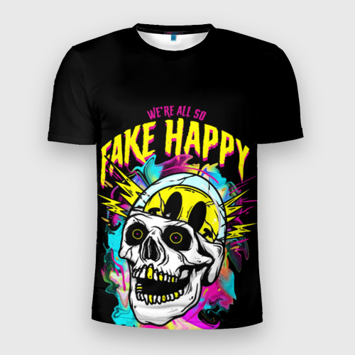 Мужская футболка 3D Slim с принтом Fake Happy Фальшивое счастье, вид спереди #2