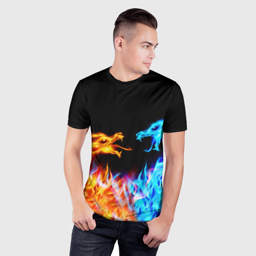 Мужская футболка 3D Slim с принтом FIRE DRAGONS  / ОГНЕННЫЕ ДРАКОНЫ, фото на моделе #1