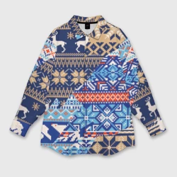 Женская рубашка oversize 3D Новогодний узор олени и медведи - ugly sweater
