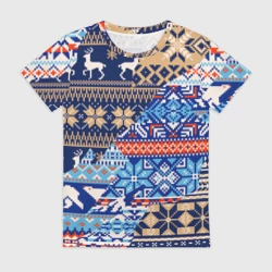 Женская футболка 3D Новогодний узор олени и медведи - ugly sweater