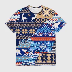 Мужская футболка 3D Новогодний узор олени и медведи - ugly sweater