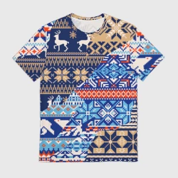 Мужская футболка 3D Новогодний узор олени и медведи - ugly sweater
