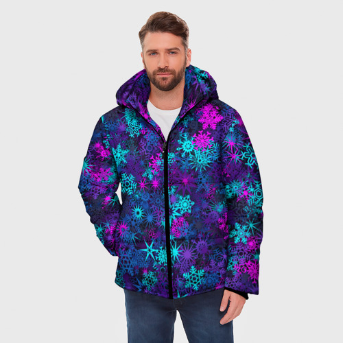 Мужская зимняя куртка 3D Неоновые снежинки, цвет черный - фото 3
