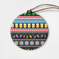 Деревянная игрушка круг Новогодний узор с пивом и оленями