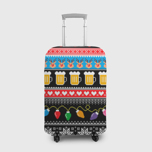 Чехол для чемодана 3D Новогодний узор с пивом и оленями, цвет 3D печать