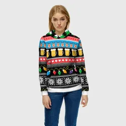 Женская толстовка 3D Новогодний узор с пивом и оленями - фото 2