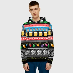 Мужская толстовка 3D Новогодний узор с пивом и оленями - фото 2