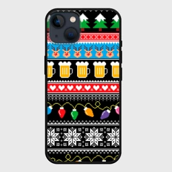 Чехол для iPhone 14 Новогодний узор с пивом и оленями