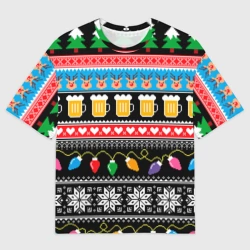 Мужская футболка oversize 3D Новогодний узор с пивом и оленями
