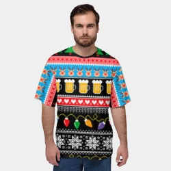Мужская футболка oversize 3D Новогодний узор с пивом и оленями - фото 2