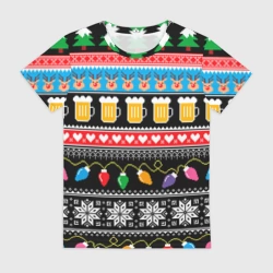 Женская футболка 3D Новогодний узор с пивом и оленями