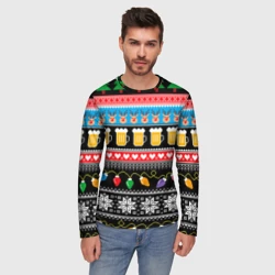 Мужской лонгслив 3D Новогодний узор с пивом и оленями - фото 2