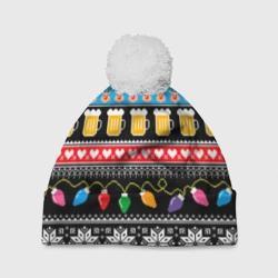 Шапка 3D c помпоном Новогодний узор с пивом и оленями