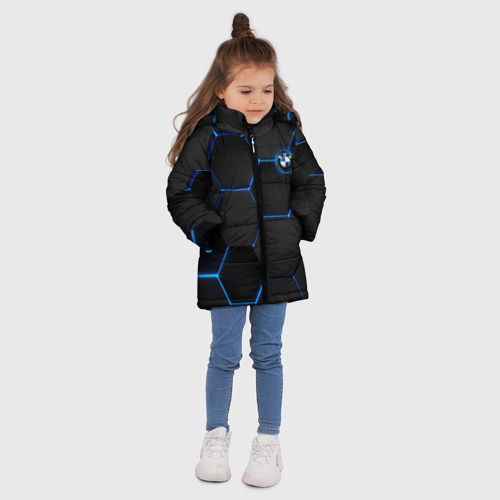 Зимняя куртка для девочек 3D с принтом BMW blue neon theme, вид сбоку #3