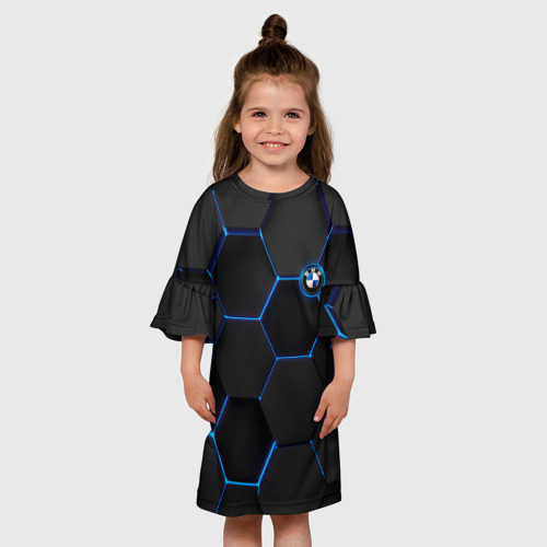 Детское платье 3D с принтом BMW blue neon theme, вид сбоку #3