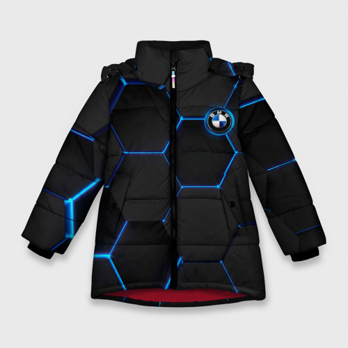 Зимняя куртка для девочек 3D с принтом BMW blue neon theme, вид спереди #2
