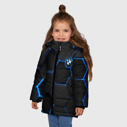 Зимняя куртка для девочек 3D с принтом BMW blue neon theme, фото на моделе #1