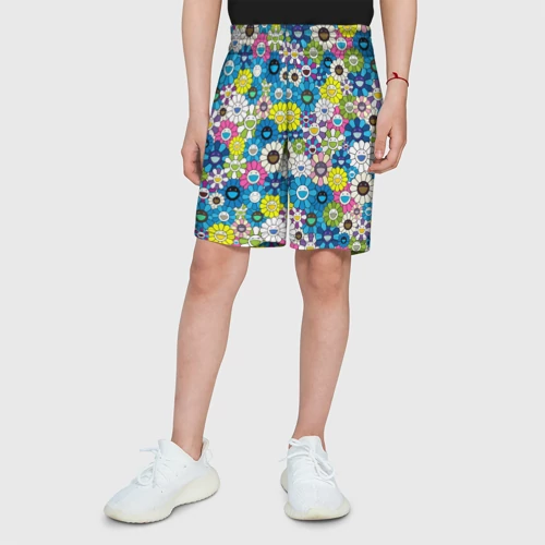 Детские спортивные шорты 3D с принтом Takashi Murakami Улыбающиеся цветы - картинка 4 Детские спортивные шорты 3D Takashi Murakami Улыбающиеся цветы - фото 4