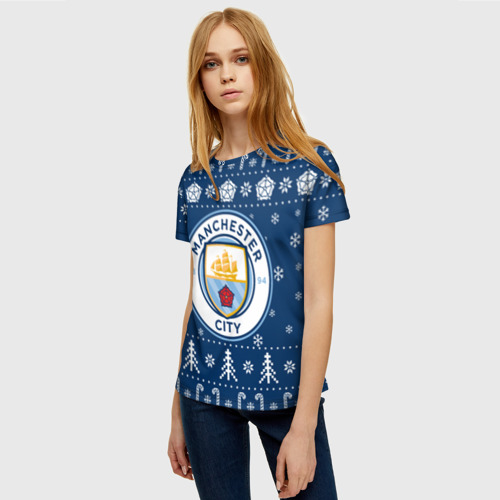Женская футболка 3D с принтом Манчестер Сити Новогодний, фото на моделе #1