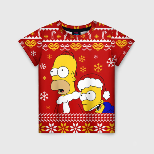 Детская футболка 3D с принтом Новогодний Гомер и Барт Симпсоны, вид спереди #2