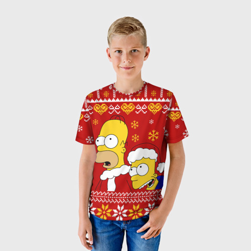 Детская футболка 3D с принтом Новогодний Гомер и Барт Симпсоны, фото на моделе #1