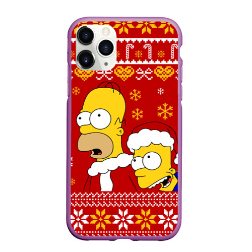 Чехол для iPhone 11 Pro матовый с принтом Новогодний Гомер и Барт Симпсоны, вид спереди #2