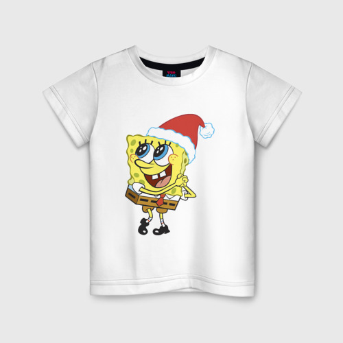 Детская футболка из хлопка с принтом Рождественский Спанч Боб, вид спереди №1