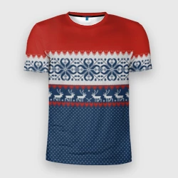 Мужская футболка 3D Slim Новогодний вязаный узор с оленями