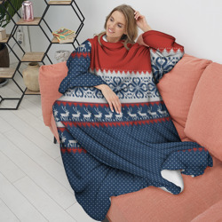 Плед с рукавами Новогодний вязаный узор с оленями - фото 2