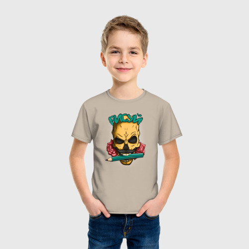 Детская футболка хлопок Череп с карандашом, цвет миндальный - фото 3