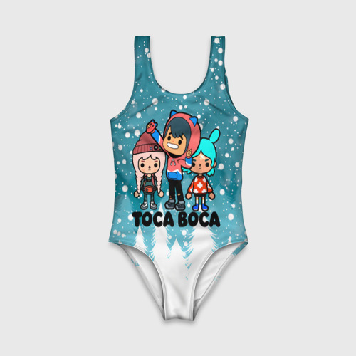 Детский купальник с принтом Новогодний Toca Boca, вид спереди №1