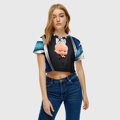 Женская футболка Crop-top 3D Boss black blue, цвет 3D печать - фото 3