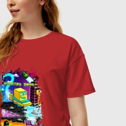 Женская футболка хлопок Oversize Geometry Dash logo pixel - фото 2