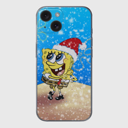 Чехол для iPhone 15 силиконовый с защитой камеры Новогодний Губка Боб квадратные штаны