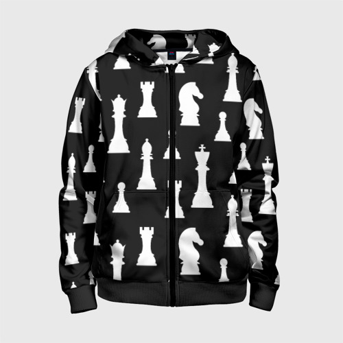 Детская толстовка 3D на молнии Белые шахматные фигуры, цвет черный