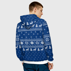 Толстовка с принтом Синий свитер с оленями, новый год 2022 для мужчины, вид на модели сзади №2. Цвет основы: белый