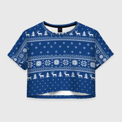 Женская футболка Crop-top 3D Синий свитер с оленями, новый год 2022