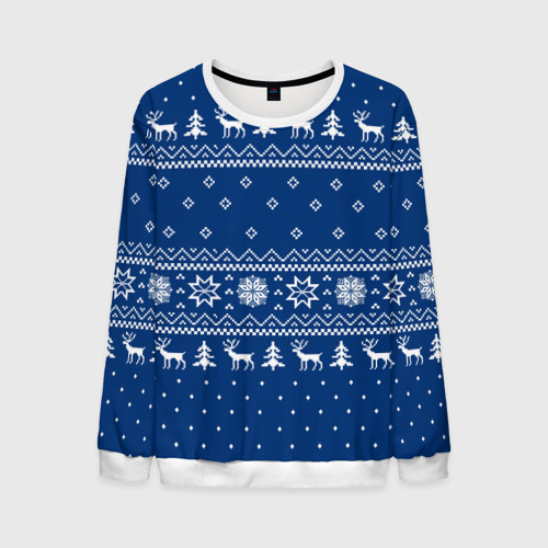 Мужской свитшот 3D Синий свитер с оленями, новый год 2022, цвет белый