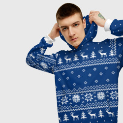 Толстовка с принтом Синий свитер с оленями, новый год 2022 для мужчины, вид на модели спереди №3. Цвет основы: белый