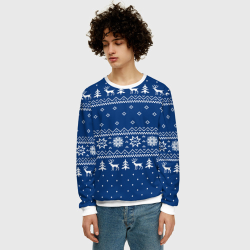 Мужской свитшот 3D Синий свитер с оленями, новый год 2022, цвет белый - фото 3