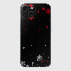 Чехол для iPhone 15 силиконовый с защитой камеры Красно белые снежинки на чёрном фоне
