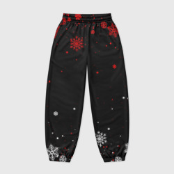 Женские джоггеры оверсайз 3D Красно белые снежинки на чёрном фоне