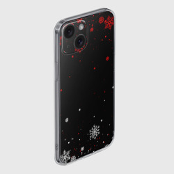 Чехол для iPhone 15 силиконовый с защитой камеры Красно белые снежинки на чёрном фоне - фото 2