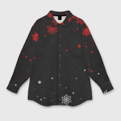 Женская рубашка oversize 3D Красно белые снежинки на чёрном фоне