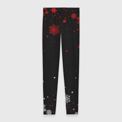 Леггинсы 3D Красно белые снежинки на чёрном фоне