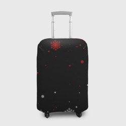 Чехол для чемодана 3D Красно белые снежинки на чёрном фоне