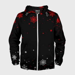 Мужская ветровка 3D Красно белые снежинки на чёрном фоне