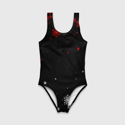Детский купальник 3D Красно белые снежинки на чёрном фоне - фото 2