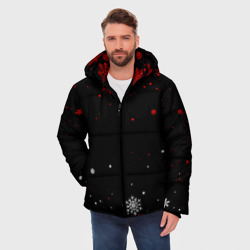 Мужская зимняя куртка 3D Красно белые снежинки на чёрном фоне - фото 2