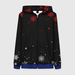 Женская толстовка 3D на молнии Красно белые снежинки на чёрном фоне